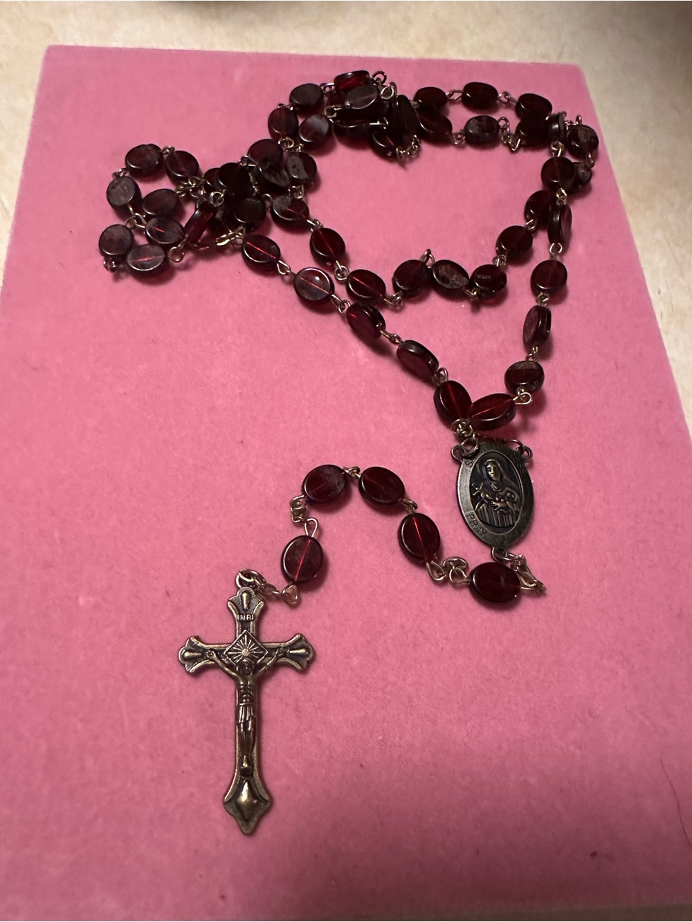 Vintage Red Bead Rosary Necklace with Crucifix